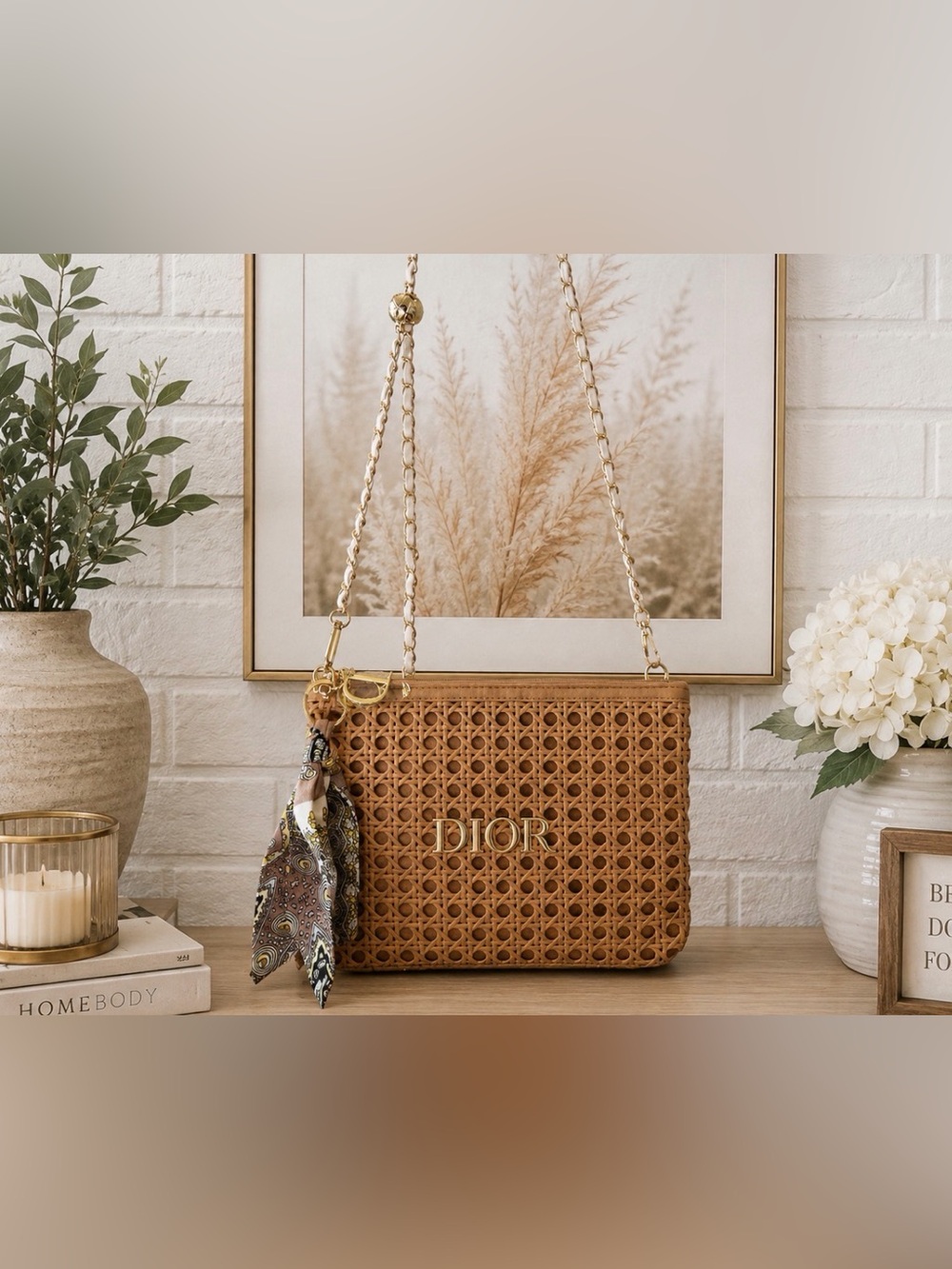 Dior Tan Woven Cosmetic/Beauty Bag GWP item with Scarf Accent and Gold Hardware